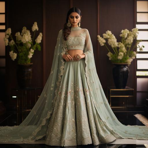 a beautiful sage green Lehenga fully embroidered with intricate Dior inspired zardozi embroidery full flared with modern style embroidered top and a veil dupatta shot with canon 28mm f/2.8 STM lens, beautiful ivory minimalist backdrop with floral decor and chandeliers