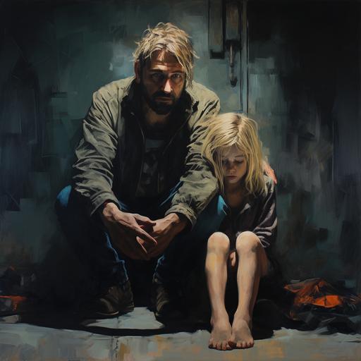 a beautiful shaved depressed man sitting on floor leaning against wall with blond child girl in his arms - a4 size in poster style. painitng. lot of darkness