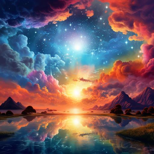 a beautiful sky symbolizing illumination of the mind, looks like a nirvana, a paradise, lots of sun, hippie style