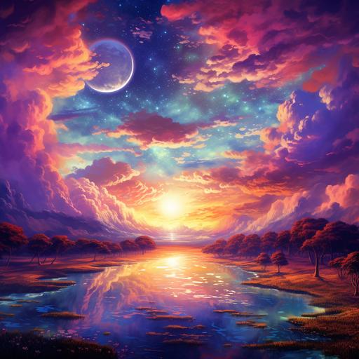 a beautiful sky symbolizing illumination of the mind, looks like a nirvana, a paradise, lots of sun, hippie style
