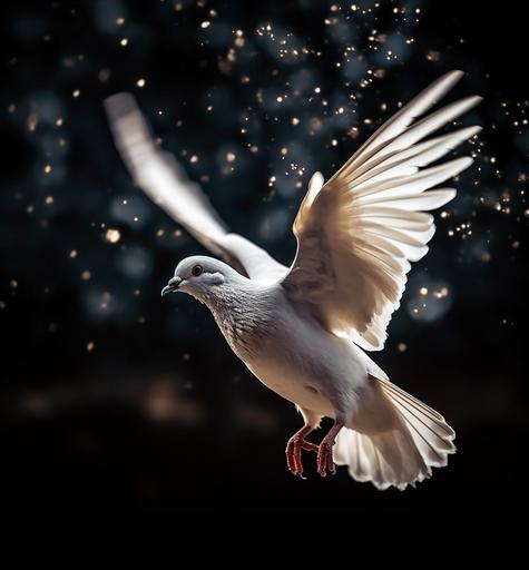 a beautiful stargazing white dove holding a small olive twig in it's beak, in flight, wings spread, washed in golden white light, brilliant star-filled night. low-angle shot with a focus on the doves eyes, feathers are hyper-detailed and extremely sharp focused, the sky is bright with glowing stars, dramatic lighting, spectacular composition, DSLR wildlife photography, realistic detail --ar 24:26 --s 750 --v 5