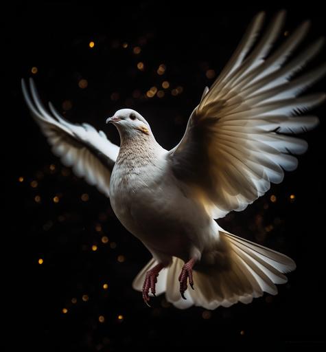 a beautiful stargazing white dove holding a small olive twig in it's beak, in flight, wings spread, washed in golden white light, brilliant star-filled night. low-angle shot with a focus on the doves eyes, feathers are hyper-detailed and extremely sharp focused, the sky is bright with glowing stars, dramatic lighting, spectacular composition, DSLR wildlife photography, realistic detail --ar 24:26 --s 750 --v 5