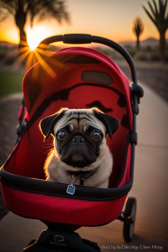 a beautiful sunset, style ray collins, uplight pixar weta portrait, as a happy, yellow pug with black ears, a black nose, and a mouth with gray dotted fur, sitting up and smiling inside a red and black pet stroller with an open basket and the canopy pulled back on a gray pathway. The pug is 10 years old and wearing a red Julius-K9 harness smiling behind the stroller is a female owner stood beside him but you can only see her legs and thin body, render in pixar, anato finnstark, pixar --ar 2:3 --q 2 --v 4