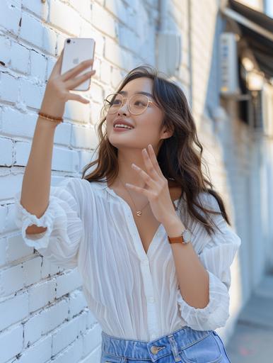 a beautiful us Woman taking a selfie New York street corner of a white brick wall with copy space, lifestyle, ultra quality, high details, 8k, masterpiece --ar 3:4 --style raw --v 6.0