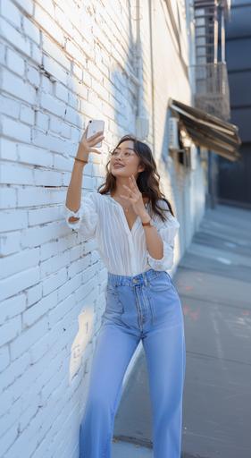 a beautiful us Woman taking a selfie New York street corner of a white brick wall with copy space, lifestyle, ultra quality, high details, 8k, masterpiece --style raw --v 6.0 --ar 17:31