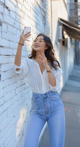 a beautiful us Woman taking a selfie New York street corner of a white brick wall with copy space, lifestyle, ultra quality, high details, 8k, masterpiece --style raw --v 6.0 --ar 17:31