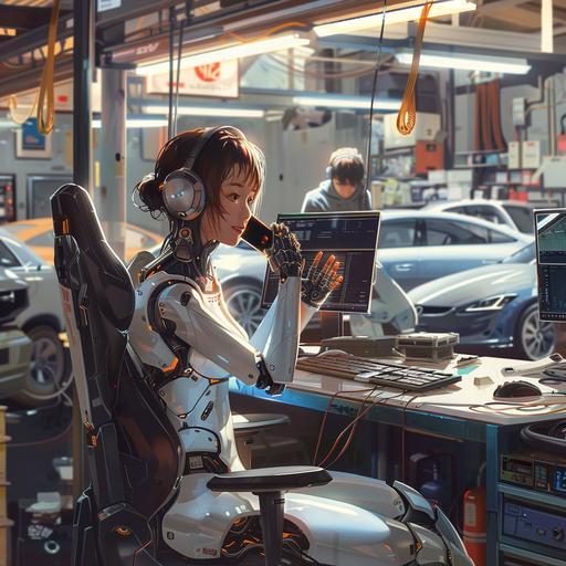 a beautiful white female robot car mechanic, sitting at a desk at the repair shop, smiling while being on the phone and working on a PC in parallel. In the back is a tidy, neat car repair shop with some cars and human mechanics working on the cars. The scene is very bright and everything is really nice and tidy.