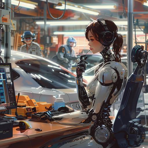 a beautiful white female robot car mechanic, sitting at a desk at the repair shop, smiling while being on the phone and working on a PC in parallel. In the back is a tidy, neat car repair shop with some cars and human mechanics working on the cars. The scene is very bright and everything is really nice and tidy.