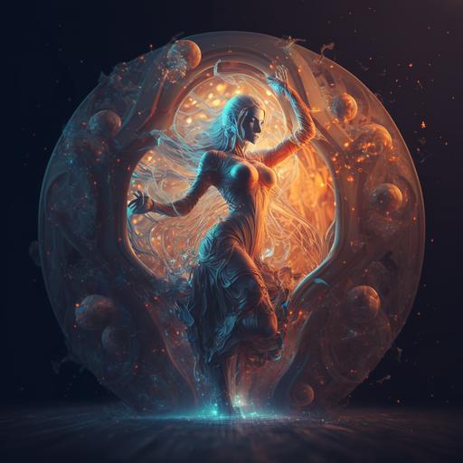 a beautiful woke woman, dancing to the mucic of the spheres, cinematic, octane render haunting, elegant, good lighting, strong colour scale --v 4