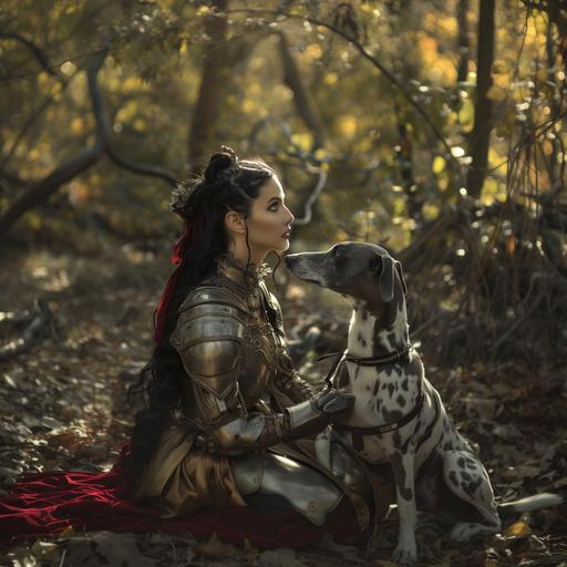 a beautiful woman aged in 30's with long black hair ina 18th century updo tied with long red satin ribbons she is wearing silver armor and is with her prized greyhound dog wearing armor as well, they are in a lush sunlight forest cinematic lighting realism