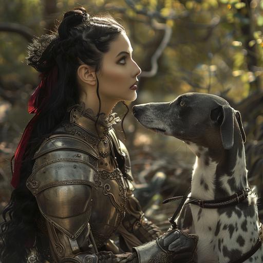 a beautiful woman aged in 30's with long black hair ina 18th century updo tied with long red satin ribbons she is wearing silver armor and is with her prized greyhound dog wearing armor as well, they are in a lush sunlight forest cinematic lighting realism