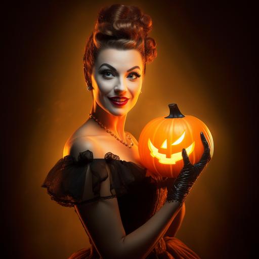 a beautiful woman in her early 30s dressed in a contemporary burlesque costume, her hair is styled in a 1940s updo, but long, she is holding halloween pumpkin that is smiling and has a wink, the light from the pumpkin is a soft glow and the primary light hyperrealism, cinematic lighting