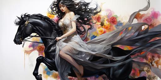 a beautiful woman riding a complete body black horse with a long sleevless dress with flowers and a veil flowing in the air, colorful pastel colors, with an eagle flying in front , white background, --ar 16:8