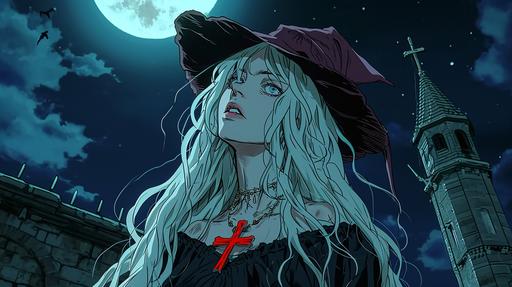 a beautiful young white hair witch woman with witch cap, red color cross necklace, 90s anime, 80s anime, dark colors, castlecania symphony of the night sttyle, berserk style, vampire hunter d style, ghibli studio style, anime screencap, bloodborne style, castle, moon, night gate --ar 16:9 --v 6.0