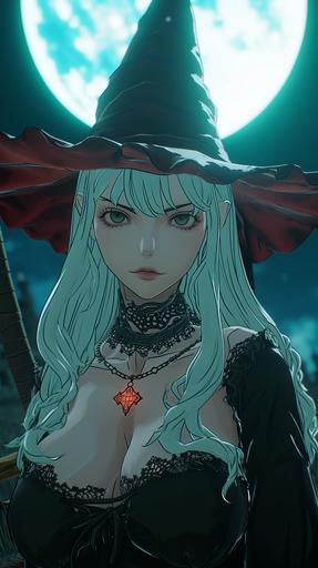 a beautiful young white hair witch woman with witch cap, red color cross necklace, 90s anime, 80s anime, dark colors, castlecania symphony of the night sttyle, berserk style, vampire hunter d style, ghibli studio style, anime screencap, bloodborne style, castle, moon, night gate --ar 9:16 --v 6.0