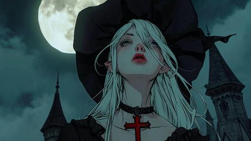 a beautiful young white hair witch woman with witch cap, red color cross necklace, 90s anime, 80s anime, dark colors, castlecania symphony of the night sttyle, berserk style, vampire hunter d style, ghibli studio style, anime screencap, bloodborne style, castle, moon, night gate --ar 16:9 --v 6.0
