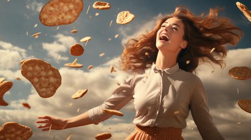 a beautiful young woman losing her charcuterie on a blustery day, morning light, thin slices of ham and round crackers flying in the wind, she's unhappy about it --ar 16:9