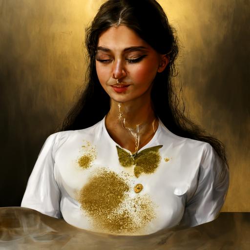 a beautiful young woman stirs mint tea. Gold-leafed sweat pebbles across her smooth white chest blouse loosened to stay cool