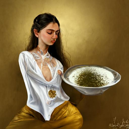 a beautiful young woman stirs mint tea. Gold-leafed sweat pebbles across her smooth white chest blouse loosened to stay cool