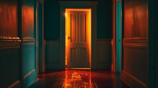 a bedroom door that is at the end of a long hallway in a kansas rual house at night, there golden light is pushing through the door, the color palette is teal, brown, red, gold highlights, the lighting is dramatic, the photo is taken in the style of christopher nolan --ar 16:9