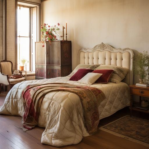 a bedroom with Ivory walls with distressed vintage furniture and headboard, the bedding is a linen damask pattern layered over a wine colored velvet scalloped edge quilt with linen binding. an ivory comforter is draped at the bottom of the bed. The bed has linen decorative pillows