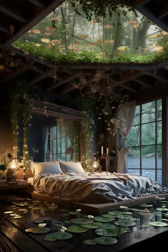 a bedroom with a bed floating on a water Lilly pond. Romantic bed with big sheets and flowy covers . A weeping willow is growing in the middle of the room and covers the bed