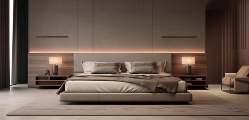 a bedroom with beige walls and beige carpet, in the style of layered lines, minimalist backgrounds, solarization effect, dark gray and light brown, neo-geo minimalism, 8k, solarizing master --ar 128:61