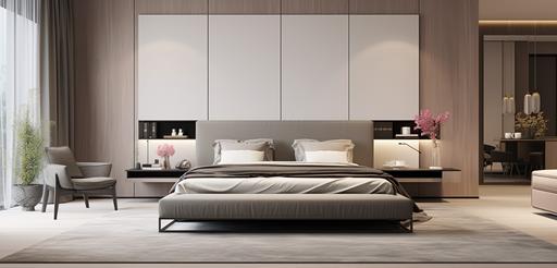 a bedroom with beige walls and beige carpet, in the style of layered lines, minimalist backgrounds, solarization effect, dark gray and light brown, neo-geo minimalism, 8k, solarizing master --ar 128:61