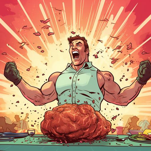 a beef steak with arms and legs explosions in background cartoon style