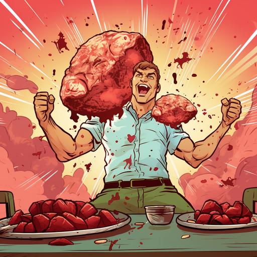 a beef steak with arms and legs explosions in background cartoon style --v 5.2