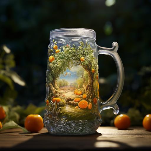a beer mug, inside of beer mug a tangerine orchard, realistic, people working in orchard, close up