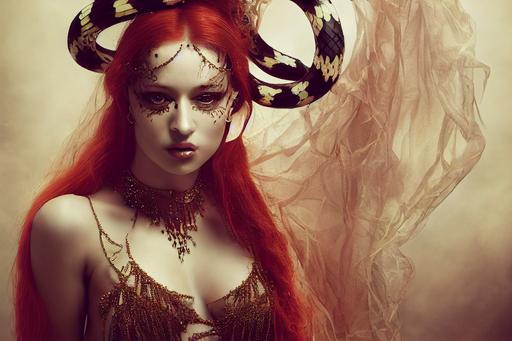 a belly dancer with two albino snakes wrapped around her arms, tanned skin and long auburn hair, enigmatic smile hidden behind a transparent veil, wears only transparent fabrics, lot og skin, by zack stella, Epic character design, fantasy art, hyper maximalist, enhanced doe eye, symetrical face, Cinematic, Complimentary-Colors, 16k, Ultra-HD, Cinematic Lighting, Volumetric Lighting, Beautiful Lighting --testp --s 1250 --upbeta --creative --ar 2:1