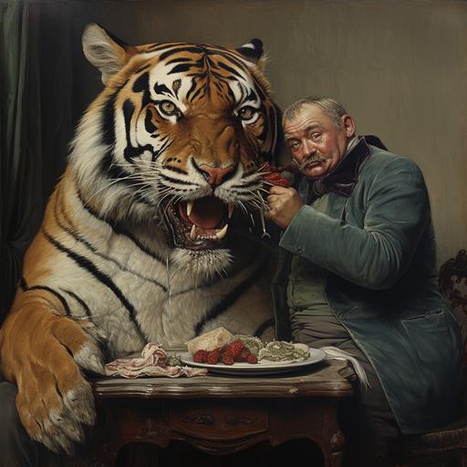 a bengal Tiger eating a Tennessee Volunteer