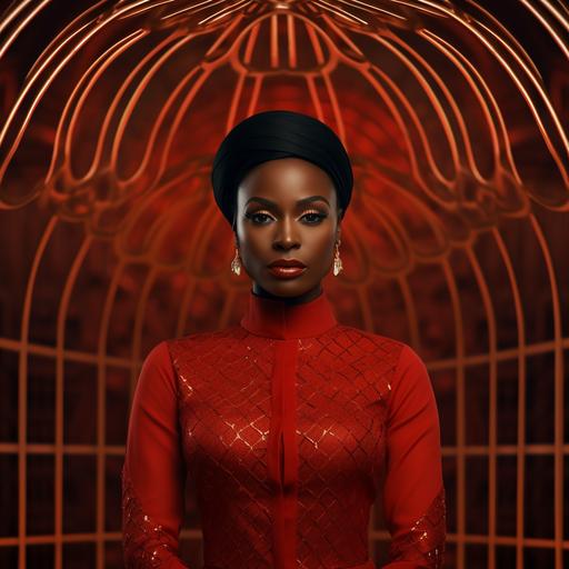 a beutiful powerful well dressed Nigerian woman in red church leader 35 standing in front of a gilded cage looking determined