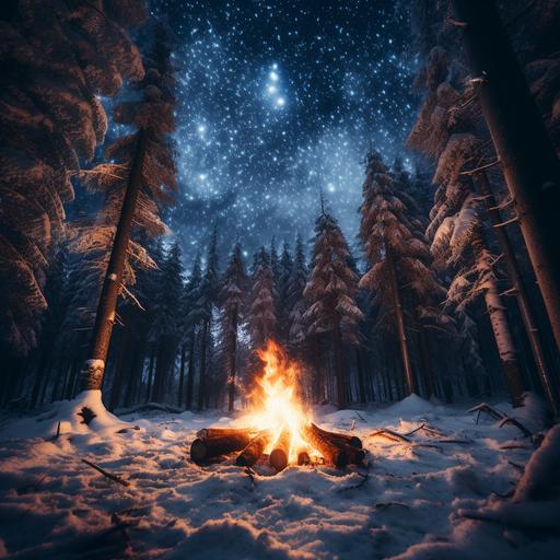 a big campfire in the middle of a snowy forest , we are close to the campfire, we look at the campfire from below, the flames rise to the starry sky, perspective photography, hyper-realistic picture , snow everywhere, we see so close the campfire