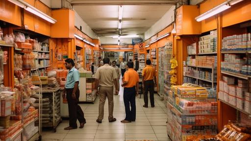 a big departmental store where people in the Indian police and army persons buying things and one person in orange putting things on the shelves --ar 16:9