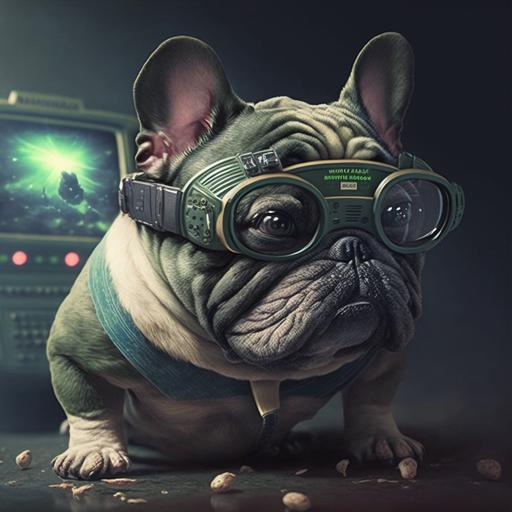 a big fat french bulldog wearing granmda glasses playing SEGA genesis and LOVING it UFO sighting unreliable narrator a dream? lovcraftian