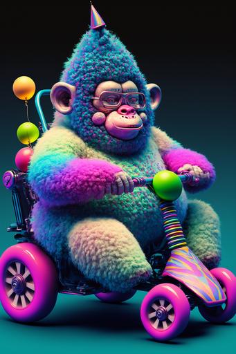 a big fat obese vaporwave monkey dressed as a clown riding a tiny tricycle, highly detailed, depth of field --ar 2:3