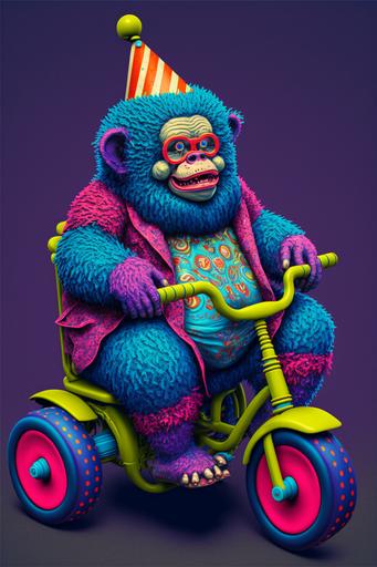 a big fat obese vaporwave monkey dressed as a clown riding a tiny tricycle, highly detailed, depth of field --ar 2:3