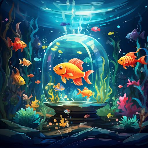 a big fish tank with colorful fish. Childrens book illustration