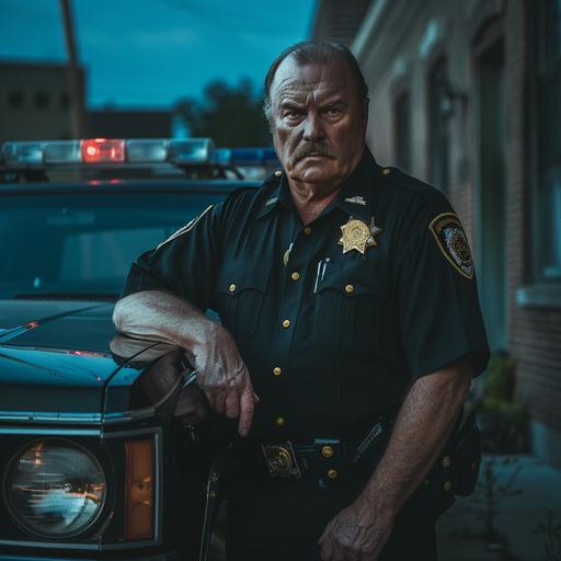 a big intimidating 50 year old small town cop leans against his cruiser frowning