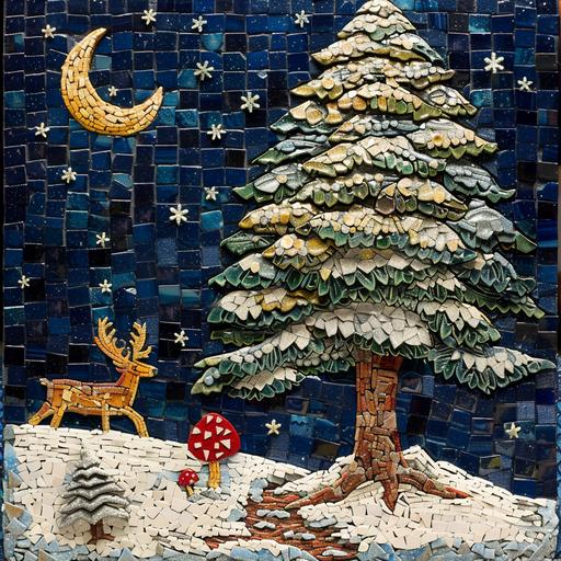 a big pine tree at night with snow and the moon. there is a red and white mushroom growing under the pine tree and a single reindeer in the scene. mosaic style