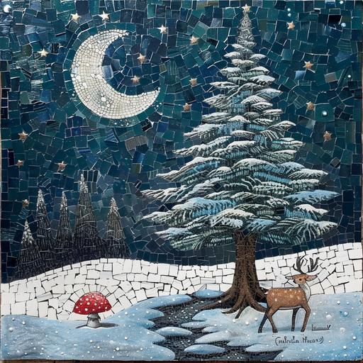 a big pine tree at night with snow and the moon. there is a red and white mushroom growing under the pine tree and a single reindeer in the scene. mosaic style