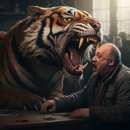 a big scary tiger trying to eat a man