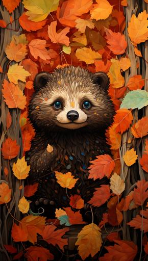 a binturong in a pile of leaves with leaves around him, in the style of petros afshar, claudia tremblay, dark orange and dark brown, wallpaper, #screenshotsaturday, takashi murakami, textured canvas --ar 92:163