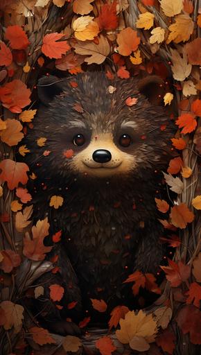 a binturong in a pile of leaves with leaves around him, in the style of petros afshar, claudia tremblay, dark orange and dark brown, wallpaper, #screenshotsaturday, takashi murakami, textured canvas --ar 92:163