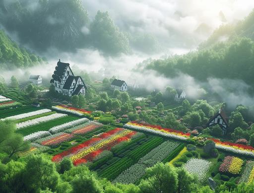 a bird's view of a forest valley where a few clearings of white, red, yellow, and pink tulip fields with old limestone houses with white roofs. the green patch are separated by stone hedges like the irish countryside. the sun is rising over the dense forest fog. Rembrandt lighting. --ar 128:97 --v 6.0