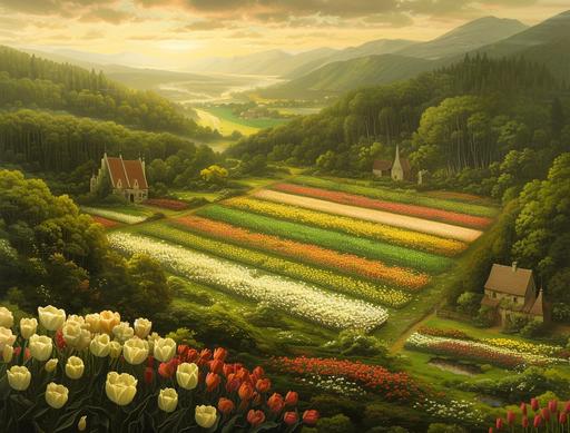 a bird's view of a forest valley where a few clearings of white, red, yellow, and pink tulip fields with old limestone houses with white roofs. the green patch are separated by stone hedges like the irish countryside. the sun is rising over the dense forest fog. Rembrandt lighting. --ar 128:97 --v 6.0