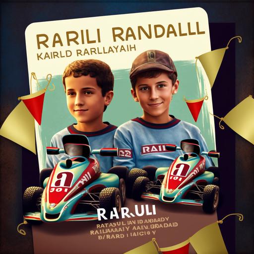 a birthday party invitation card for the 9th birthday or twins called Raúl and Roberto with a karting theme and dated for December 21th --v 4