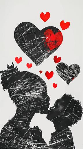 a black Mother and her son in a charcoal minimalist single line sketch, red hearts and love in the air, double exposure, chiaroscuro --ar 9:16